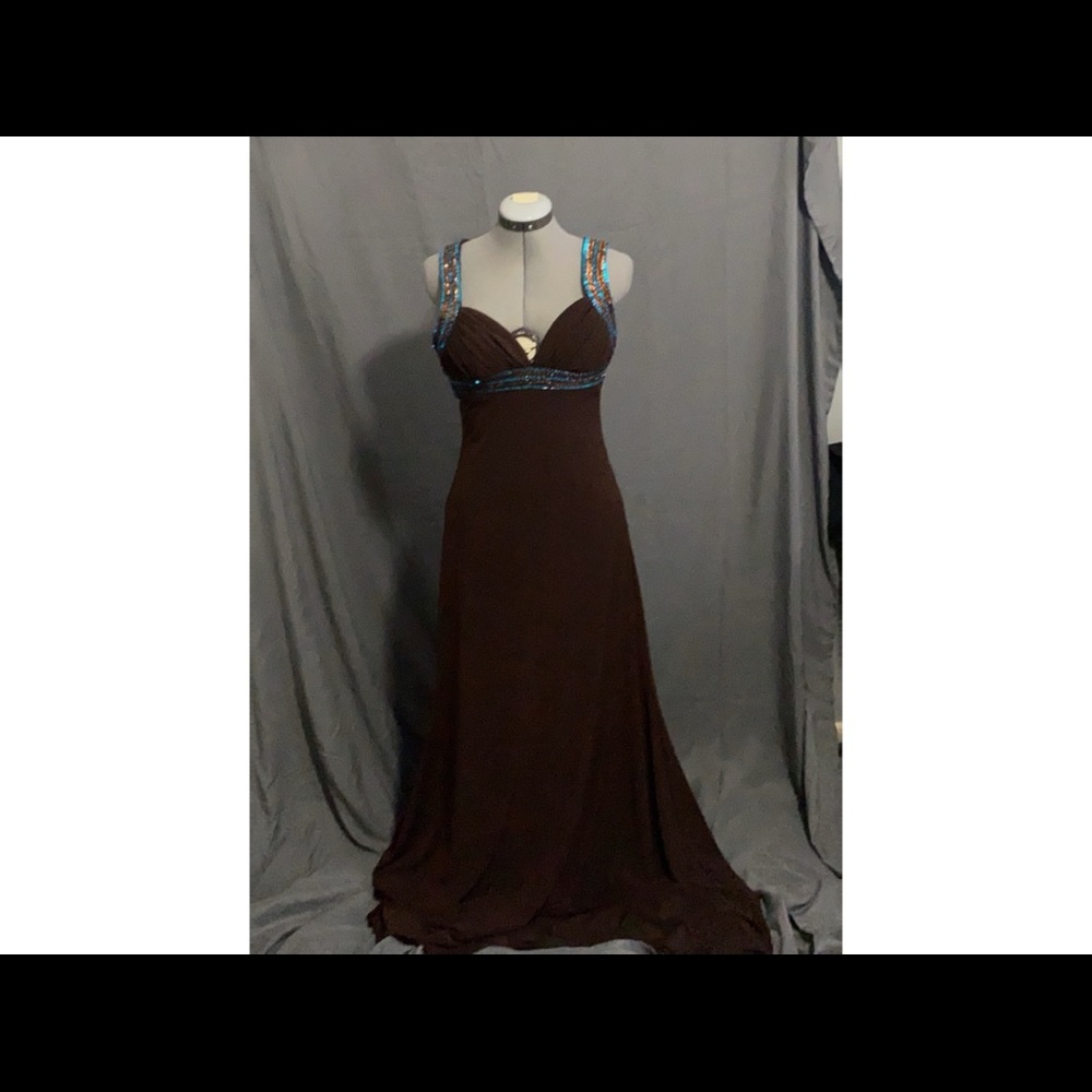 Brown prom dress with blue and brown sequins